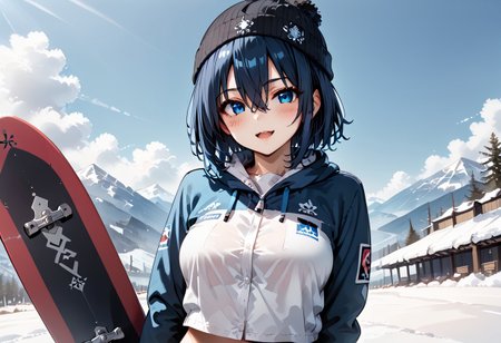 score_9, score_8_up, score_7_up, score_6_up, score_9, score_8_up, kaede (1girl, blue eyes, dark blue hair, blush, big tits, hair between eyes, short hair).
(smirk:0.9), (open mouth:0.9), cute, 
beanie, gloves, snowboarding, leaning back, 
(snowboard:1.1), slope, at snowy mountain, day, 
sharp focus, looking at viewer, from below, motion blur, depth of field, (intricate:1.1), (white tone:1.1), (pale blue tone:0.9), (white atmosphere:1.1), 
llustration, (anime coloring:1.1), high contrast, 
(masterpiece:1.2), (best quality:1.2), (very aesthetic:1.2), (absurdres:1.2), (detailed background), newest, ai-generated, (intricate details:1.2).