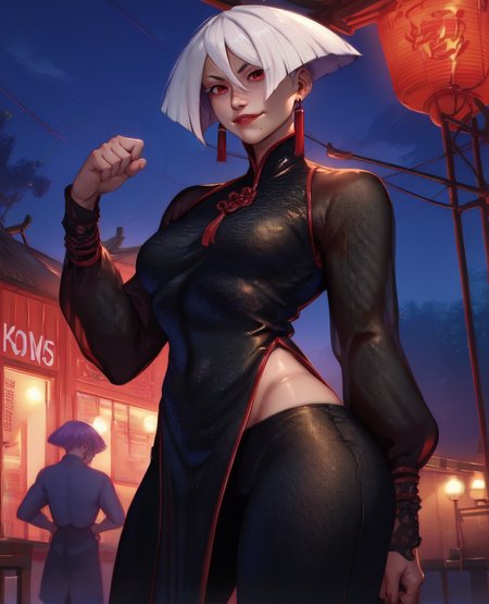 score_9,score_8_up,score_7_up,score_6_up,score_5_up,score_4_up,
akixl,white hair,red eyes,red lips,earrings,
black chinese clothes,see-through long sleeves,pants,
outdoors,night,china town,<lora:AKI:0.9>,smirk,solo,