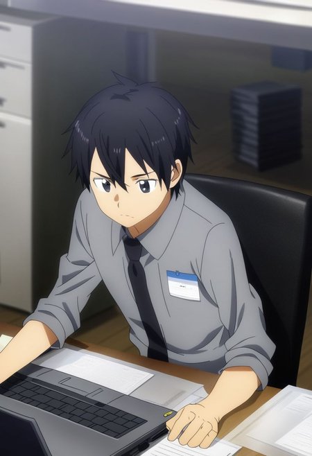 high resolution, professional photography, solo, best quality, 1Boy, Kazuto Kirigaya, Black Hair, Black Eyes, worker, working, office space, office desk, concentration, focus, laptop, OverallDetail