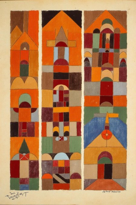 paulklee1 painting.
A triptych painting with three rectangular panels arranged vertically, each featuring abstract geometric buildings rendered in shades of orange, red, brown, green, and blue.
 <lora:paulklee1_cap_d8a4e6:1.0><lora:838879723909188549:0>