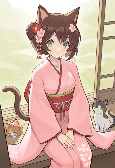 masterpiece, best quality,  <lora:Alpaca:1> 4lp4c4,  1girl, japanese clothes, animal ears, tail, cat, brown hair, green eyes, hair ornament, looking at viewer, hair flower, solo, flower, short hair, smile