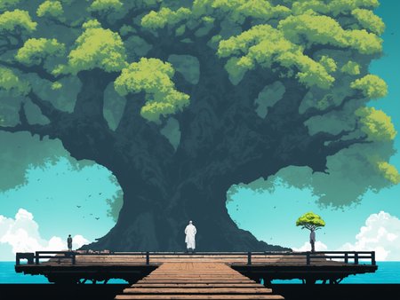 NH2D,  a scene of a tree_sea with lots of giant tree and a man standing on a platform in the middle of the picture,<lora:2dmap:0.6>