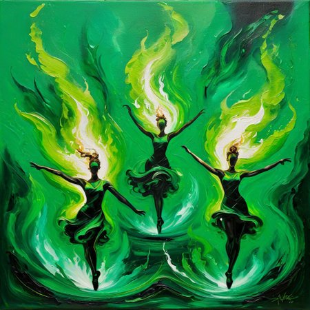 Abstract green flames, dynamic movement, swirling upwards, Irish dance figures barely visible within the flames, textured oil painting, vibrant greens, high contrast, energetic composition