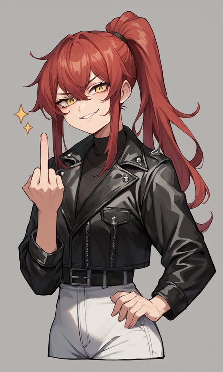 score_9, score_8_up, score_7_up, score_6_up, source_anime, BREAK close-up, 1girl, dark red hair, long hair, ponytail, yellow eyes, higheel boots, miniskrit, fishnets, leather jacket, fckYou, middle finger, smug, smug face