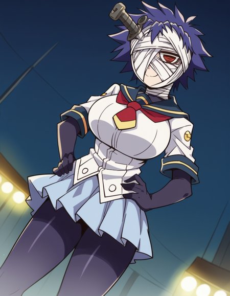 score_9, score_8_up, score_7_up, source_anime, <lora:youka-naze-s2-ponyxl-lora-nochekaiser:1>, youka naze, short hair, large breasts, red eyes, blue hair, bandages, bandage over one eye, skirt, school uniform, pantyhose, serafuku,, gas station, pumps, car, fuel, lights, , smug, hand on hips,, looking at viewer, solo,, dutch angle, cowboy shot