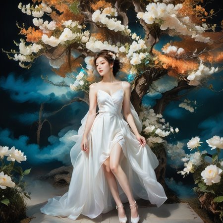 <lora:add-detail-xl:1.0>, 1girl, solo, flower, dress, hair ornament, hair flower, tree, brown hair, high heels, white dress <lora:LangV1:0.7>, <lora:RuanV1:0.6>,