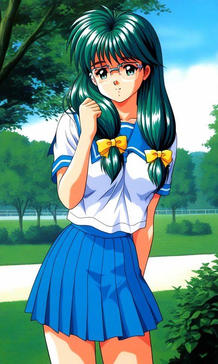 general,highres, ultra-detailed,very aesthetic,best quality ,best hands, BREAK <lora:Kisaragi_Mio_Tokimeki_Memorial_Ver2.0_IS:1>semi-rimless eyewear,
Kisaragi_Mio(Tokimeki_Memorial), 1girl, solo, green hair, twintail, long hair, green eyes, hair over shoulder, Yellow bow, hair bow, low-tied long hair, medium breasts, 
blue school uniform, serafuku, jewelry, yellow bow, Yellow bow, blue skirt, blue sailor collar, pleated skirt, short sleeves, 
outdoor, tree, sky,