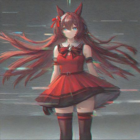 (win variation \(umamusume\)), red dress, standing, pose, full body, sleeveless dress, twintails, solo, bow, striped clothes, black gloves, brown thighhighs,  ear covers, masterpiece, best quality, very aesthetic, absurdres
<lora:UmaDiffusionXL_UAF-000010:0.7>, glitch style, digital