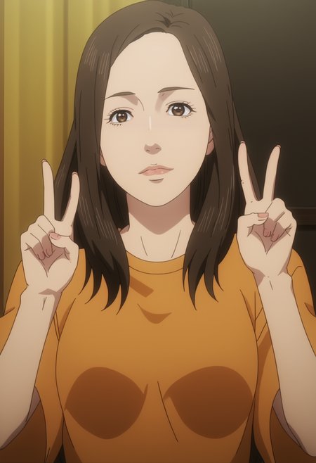 score_9, score_8_up, score_7_up, source_anime, BREAK 1girl, solo, cowboy shot,  <lora:DX888Misaki-10:1>, shimizu misaki, brown hair, brown eyes, long hair,  anime screencap, double v, knees together feet apart, standing,