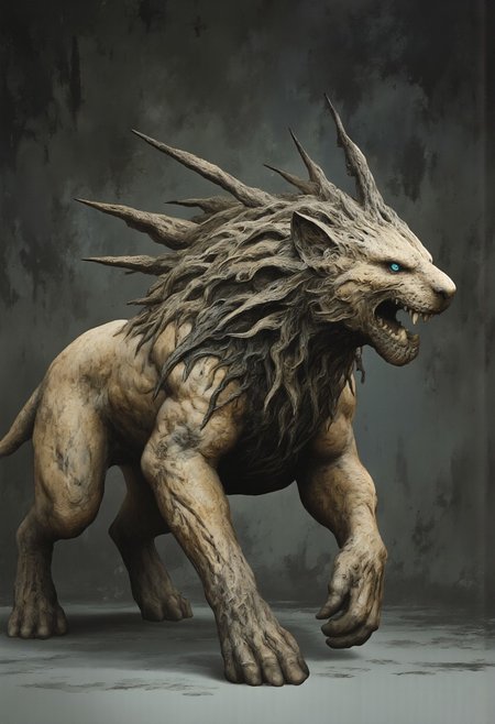ghiblistyle, hkevil, MikeFranchinastyle, berserk style, Surreal art, d4artstyle, d4concept, , made of clay, Kentaro Miura, ZBClay model of a gray sculpture
a powerful, fearsome feline creature resembling a lion but with an intimidating, otherworldly twist. Its body is muscular and imposing, covered in dense, light tan fur that is accented by darker, sharp lines that trace along its shoulders, back, and limbs, giving a sense of both strength and wildness. The creature's face is human-like with piercing blue eyes that seem to glower with intelligence and aggression. Its mane is darker, almost black, forming a rough, spiky frame around its face and down its neck, contrasting with the lighter fur of its body. The creature's mouth is slightly open, revealing sharp, prominent fangs that enhance its menacing expression.  The entire figure exudes a sense of disturbing, alien biology, as if adapted to a strange environment, with textures that resemble both decayed flesh and resilient, stretched hide. Set against a minimalist background to emphasize its unnatural form and grotesque anatomy.
Background solid color with a faded dimly lit, black-covered darkness tone that emphasizes its silhouette. The medium is not a traditional painting or illustrative medium like watercolor or ink but rather a digital rendering, eerie and unsettling.