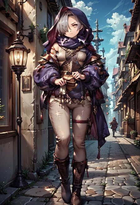 score_9, score_8_up, score_7_up,masterpiece,perfect face,high quality,highly detailed,high quality, source anime,high quality, source anime, 1girl, solo, hair over one eye, hood, backstreet, shadowlynx, pants, boots, down on her knees, old lamp, pupils