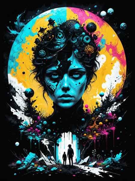 digital illustration of Space archaeologist uncovering ancient artifacts, Deranged, decaying mental asylum with haunting whispers in the background,,, fracolor minimalistic graffiti masterpiece, minimalism, 3d abstract render overlayed, black background, psychedelic therapy, trending on ArtStation, ink splatters, pen lines, incredible detail, creative, positive energy, happy, unique, negative space, face, artgerm   <lora:Misty_Vintage:0.5> <lora:xl_more_art-full_v1:0.5> <lora:fracolor:0.7>