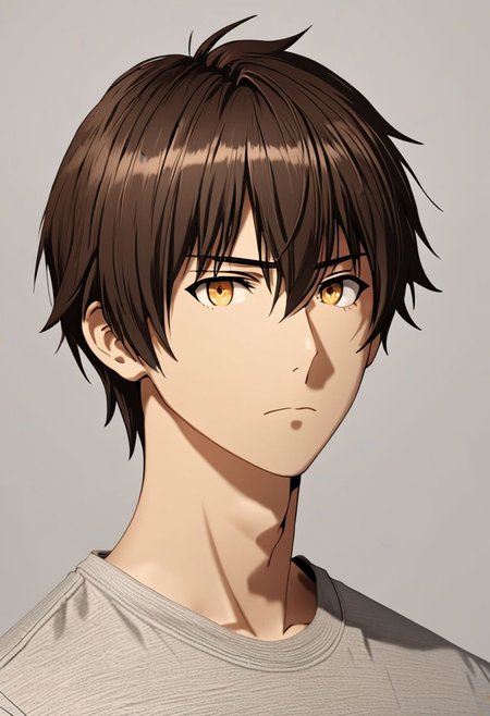 Highres, Masterpiece, High Quality, 4K, 8K, solo, 1Boy, Seiya Kanie, short dark brown hair, golden eyes, Shirt, passport_photo_style, looking at viewer, focused gaze forward, plain background, straight body, head upright, easynegative, detailed_eye_model