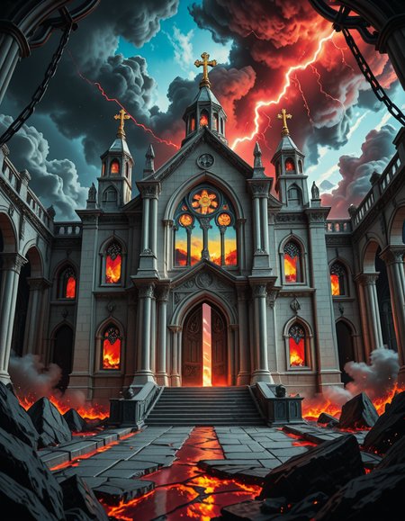 A once-majestic celestial temple, now under siege by the forces of Hell. The grand white stone structure is cracked and scorched, its golden crosses twisted and broken. The stained-glass windows, once glowing with warm divine light, are now shattered, with demonic symbols glowing ominously in their place. The sky, once a serene blue, is now consumed by dark storm clouds, swirling with red lightning and thick smoke.
Black, jagged chains extend from the sky, wrapping around the temple as if trying to pull it down into the abyss. The once-fluffy clouds beneath the structure are now a chaotic mix of fire, ash, and dark mist, with glimpses of molten lava cracks below. Infernal creatures with glowing red eyes lurk in the shadows, their silhouettes barely visible through the smoke and fire.
The temple doors are blown open, revealing an eerie red glow emanating from within, as if Hell itself is consuming the sacred space. Massive demonic runes are etched into the stone, pulsating with an unholy energy. The entire scene is bathed in a deep crimson and orange glow, giving it an apocalyptic and nightmarish atmosphere.
Style & Lighting:
- Dark fantasy, highly detailed
- Dramatic, high-contrast lighting with fiery glows
- Cinematic composition, epic scale
- Strong use of shadows, embers, and atmospheric foghighly detailed and atmospheric view from inside a massive birdcage, large enough for a human to stand inside. The cage is made of ornate, aged metal bars with intricate Victorian-style patterns, curving elegantly towards the domed ceiling. Sunlight filters through the gaps between the bars, casting long, dramatic shadows on the wooden floor. Delicate vines and small flowers have begun to grow around the bars, adding a touch of nature reclaiming the space. The background beyond the cage is blurred, hinting at a lush garden or a mysterious, abandoned mansion. The ambiance is serene yet slightly melancholic, with warm golden light illuminating dust particles floating in the air. Soft feathers are scattered on the floor, adding to the sense of quiet abandonment. The perspective makes the viewer feel as if they are inside the cage, looking outward, surrounded by both beauty and confinement. The style is highly detailed and realistic, with a cinematic and slightly surreal atmosphere.
<lora:SDXLFaeTastic2400:0.4> <lora:extremely_detailed:0.4> extremely detailed 
<lora:evil_celestial_t3mpl3-i:1> evil celestial t3mpl3, Masterpiece,best quality,hi res,8k,hi res,8k,award winning,(sharp focus, intricate, highly detailed),