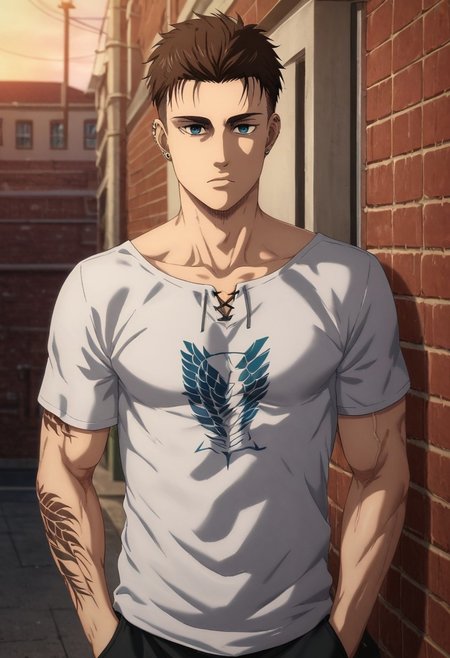score_9, score_8_up, score_7_up, source_anime, rating_safe, intricate details, (photorealistic:0.6), looking at viewer, , 1boy, solo, male focus, <lora:eren_yeager_s4:0.96>, eren_yeager_s4, brown hair, blue eyes, adult face, small forehead, high fade haircut, very short hair, hair completely shaved on the sides, messy hair, stubble, asymmetrical, rooftop in a large city, body standing straight, lighting, day, sunny, beautiful, best render, realistic, white t-shirt,  half-closed eyes, hands in pockets,  <lora:Epic_tattoo_man:0.7, arms completely covered in tattoos>,  muscular arms, veiny arms, relaxed body, ear piercing, front focus, distracted, aloof, oblivious,<lora:sdxl_lightning_8step_lora:1>