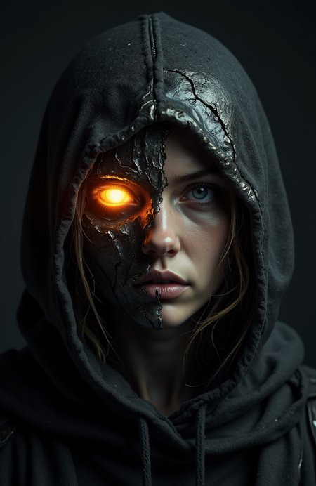 Woman with glowing eye, cracks in steel mask.  <lora:models\Flux\flux-liminal-v1-2:0.3> <lora:models\Flux\ck-shadow-circuit-000021:0.3> <lora:models\Flux\custom\apostle-of-decay-000014:0.3> <lora:models\Flux\aesthetical-000003:0.3>,