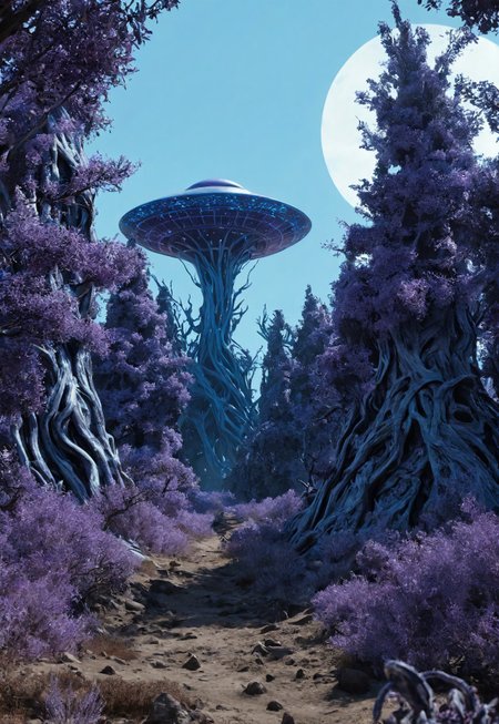 an alien landscape lit by a blue sun, there are scattered purple treelike organisms that tower far into the sky,
under the trees roam alien creatures, all the creatures seem to have 6 legs, 
there is low lying blue scrub brush, some of the creatures are chewing on it
 (8k uhd:1,4)
 <lora:add-detail-xl:1>
 <lora:Dynamic Poses:1>