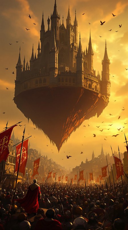Image is a digital fantasy artwork depicting a dramatic scene with a large, floating, gothic-style castle suspended in the sky above a medieval city. The castle is intricately detailed with spires and arches, casting a shadow over the city below. The sky is painted in warm hues of orange and yellow, suggesting a sunset or sunrise. In the foreground, a large crowd of armored soldiers with spears and helmets is gathered, facing the castle. A prominent figure in red, possibly a leader or royalty, stands on a platform addressing the crowd. Flags with red and white designs are visible, adding to the sense of a medieval battle or rally. The overall atmosphere is tense and epic, with birds circling the floating structure, enhancing the sense of scale and wonder.
