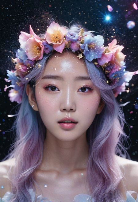 K-pop singer, Asian features, close-up portrait, ethereal beauty, intricate flower crown, petals transforming into swirling galaxies, nebulae, comets, planets, stars, celestial bodies, cosmic glow, iridescent shimmer, dramatic expression, studio lighting, hyperrealistic