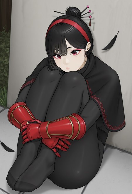 outdoors, undershirt, falling feathers, black bodysuit, hair stick, hugging own legs, , gauntlets,   eyeshadow,   red gloves, black capelet, red hairband, pink eyes, 1girl, solo, feet, medium hair, black hair
 dynamic angle, foreshortening, tantanmen