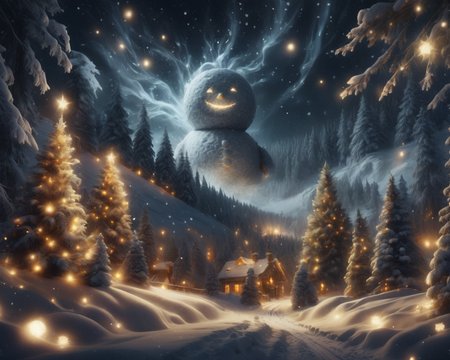 an (extremely detailed cinematic digital painting masterpiece) (3/4 body shot) of one giant snowman in the distance absorbing the cool winter air wishing for a Christmas miracle, <lora:ChristmasWintery:0.8> ChristmasWinteryl surrounded by magical Christmas trees in a Christmas forest, bright glowing eyes, (Style-GravityMagic:1.1), (twisting swirls of snow in the background), (glowing aura), (energy), (snowing), (snowflakes:1.2), (windy), (moody color tones), (otherworldly:1.2), (elaborate textures:1.2), (soft lighting:1.2), medium depth of field, (8k UHD, Unreal Engine, highest quality), <lora:add-detail-xl:0.8>, <lora:xl_more_art-full_v1:0.8>, <lora:DreamARTSDXL:0.9>