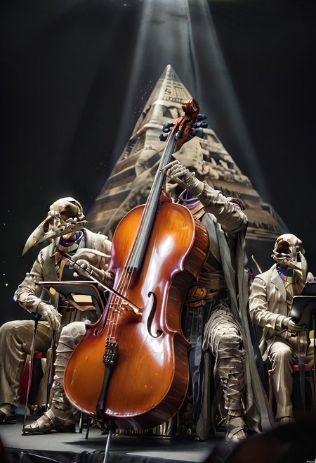 masterpiece, best quality, amazing quality, Khonshu, skull head, floating head, beak, mummified, robe,, playing cello, cello, instrument, bow_(music), left hand on the fingerboard, right hand holding a bow, cello between legs, sitting, spotlight, on stage, hieroglyph, pyramid,