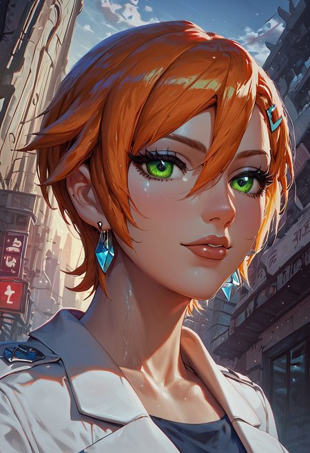 score_9, score_8_up, score_7_up, score_6_up, BREAK source_anime, HDA_LookingThroughOwnLegsXL
1girl, lynway_pony <lora:checkpoint-e36_s396:0.85>,  ffuturegwenxl, 1girl, solo, short hair, green eyes, earrings,orange hair, multicolored hair, gradient hair, hairclip, dark atmosphere, office suit, BREAK
night, neon, city, goregous woman, very aesthetic, ultra detailed, intricate details, beautiful face, detailed eyes, beautiful eyes, detailed background, faceless male,