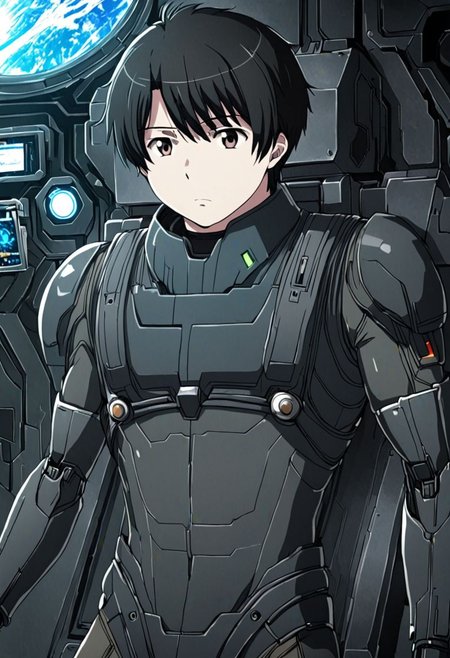 high resolution, solo, best quality, 1Boy, Inaho Kaizuka, Black Hair, Science Fiction, OverallDetail