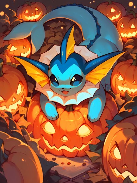 score_9, score_8_up, score_7_up, score_6_up, score_5_up,   <lora:halloweenpokemonXLP:1> halloween pokemon, no humans, jack-o'-lantern, (vaporeon:1), candy,