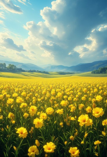 detailed background, from above,( Calm spring morning landscape), beautiful view, Flower Field, canola flower in full bloom, canola flower, early morning, sunrise sky, beautiful clouds, dappled sunlight, 
I can see a windmill in the distance, 
depth of field, masterpiece, best quality, ultra-detailed, very aesthetic, illustration, perfect composition, intricate details, absurdres, moody lighting, wisps of light, no humans,