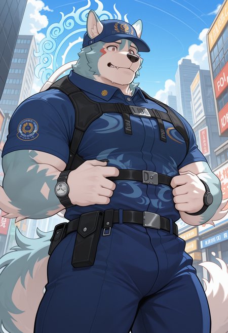 masterpiece,best quality, amazing quality, 1boy, solo, 0guch1, furry male, blue collared shirt, blue pants, chest harness, tail, chest harness, black belt, police hat, wrist watch, halo behind head, city, 
