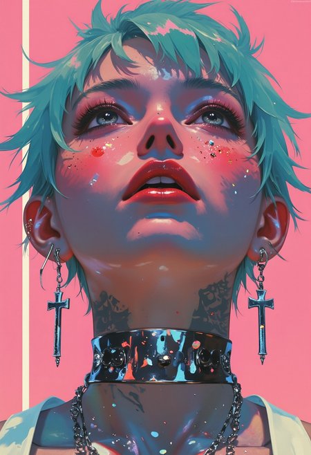 (hyper-realistic, ultra-detailed, glossy and oily skin, masterpiece:1.3, sparkling chrome, iridescent texture, light effects, photorealism:1.4) A futuristic young woman exudes an edgy, cyberpunk aesthetic, her highly glossy and oily skin reflecting the vibrant neon lights around her. Freckles dot her face, blending seamlessly with subtle iridescent textures that shimmer in the electric glow. She gazes upward with a wide, daring smile, revealing metallic teeth that glint in the neon light. Sleek mechanical components line her jawline and neck, seamlessly merging with her chrome-sparkling skin, giving her a hybrid, cybernetic appearance. Piercings dot her ears and lips, and silver chains drape from her face, accentuating her bold, alternative style. Her lips are stained with realistic blood, adding a raw, visceral edge to her expression. Large cross-shaped earrings dangle, catching the light as they sway, adding movement to the scene. Her tattooed neck transitions into a metallic, cyborg-like structure, where wires and circuits pulse beneath the surface. Bright teal hair, styled in sharp futuristic cuts, contrasts vividly with the neon-pink background, pulsing with electric energy. A subtle shadow covers half of her face, intensifying the mood. The glowing neon highlights, in combination with the intense contrast of teal and pink, create a high-tech, dystopian atmosphere alive with digital tension, perfectly embodying her rebellious and fearless attitude.
