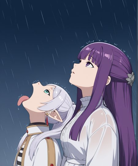 goku_and_vegeta_in_the_rain_(meme), Sousou no Frieren, tongue out, rain, open mouth, rain, looking up, (tongue out:0.5), fern, frieren, 2girls, masterpiece, best quality, absurdres, amazing quality,