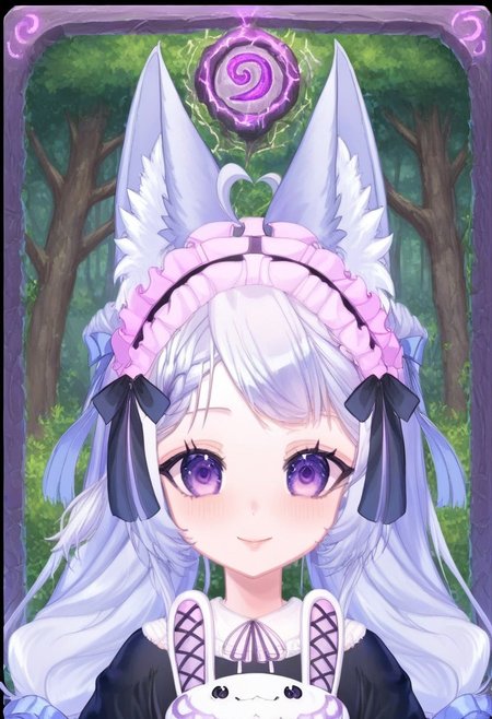 score_9,score_8_up,score_7_up, source_anime,
hyper-detailed, masterpiece, best quality,
(simfonira, source_reference),source_screen_good, model_type_fox,ears_fox, outfit_maid,maid, hair_tails,twintails, long hair, hair bow,  eyes_purple,purple eyes,
upper body,
looking at viewer,
portrait,
Card, Tarot, graphic border, Illustrative,
pink atmosphere, obsidian stone, skeuomorphic, detailed,
Smiling eyes,
forest background,
Lustful personality, 
Jewelry, Extravagant, Shoulderless,
glowneon, glowing, lightning