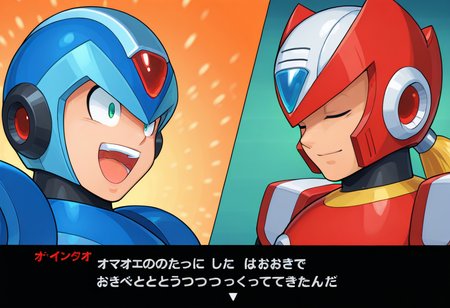 ObentoMMX6ILXLV1.0v01, parody, fake screenshot, 2boys,
MEGAX,green eyes, blue helmet, blue armor,red forehead gem,smile, open mouth, teeth, upper teeth, lower teeth, tongue,
2ER0, blonde hair, ponytail, android, helmet, robot, armor, blue eyes,blue forehead jewel,closed eyes, closed mouth, light smile,
simple background, green background,
masterpiece, best quality, amazing quality,