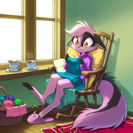 1girl,solo,furry,pink fur,tail,ears,source_furry,
,<lora:Viriathus_Vayu_illustrious:0.8>,
child, kid,
knitting_needles, yarn_ball, sweater, basket, rocking_chair, teacup, blanket, slippers, buttons, wool, window, pillow
Scene: A snug corner by a window with a rocking chair creaking softly, someone knitting a tiny sweater from fluffy wool, needles moving rhythmically. Yarn_ball tumble in a wicker basket, a teacup balances on the armrest, and a blanket drapes over their lap. Cute buttons shaped like stars wait to be sewn on, slippers peek out from under the chair, and a pillow props them up as sunlight streams in, warming the sweet, homey moment.