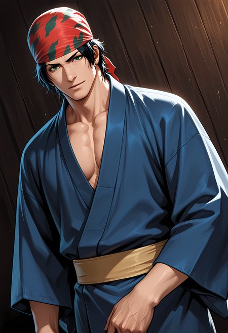 masterpiece, best quality, amazing quality, dutch angle, abstract background, BREAK
1boy, solo, male focus, kof_ralf, bandana, black hair, green eyes, stubble, yukata, japanese clothing, BREAK
<lora:cfg_scale_boost:.6>   <lora:Ralf_Jones_-_King_of_Fighters_-_ILXL:1>