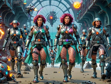 umbral fat mature woman 40yo, medium fat belly, multicolored short curly hair, wild hair, mane,,medium saggy tits , erected nipples covered by armor , muscle body , tattoo, cyber bodysuit armor covered nipples and whip, holding cyber gun on right hand, movie scene, rocks, ocean, <lora:cyberpunk:1>