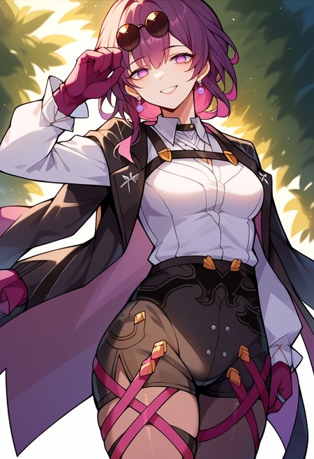 score_9, score_7_up, source_anime, solo, come hither, smile, cowboy shot, BREAK   <lora:sphsrKafkaXLPony:1> kafkerdef, earrings, eyewear on head, sunglasses, white shirt, black jacket, long sleeves, purple gloves, shorts, pantyhose, thigh strap, black footwear