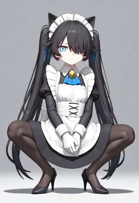 3D,(((MMD))),(Maid-kasli), solo, white gloves, dress, hair over one eye, maid apron, blue eyes, twintails, cat ears, maid headdress, maid, gloves, 1girl, apron, juliet sleeves, long sleeves, long hair, black hair, animal ears, bell,(Fall down),(squatting down, heels touching each other, legs fully extended outward)