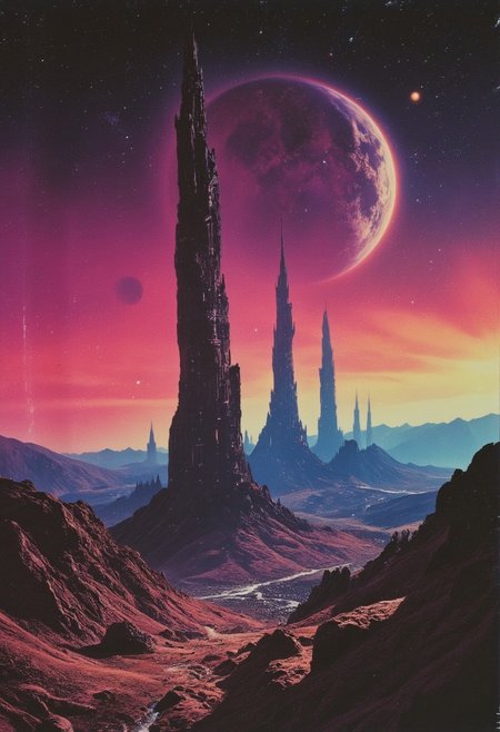 Monochrome with color, retro scan of 80s-anime-ai spectral neon Gradient ascii_art, a 80s Sci-fi Ethereal. Dark space, 80`s sci-fi book artwork, lofi, neon-pastel colors, grainy, vintage
Create a vivid description of a distant planet in the universe where enormous structures are visible from space, towering over the landscape in an awe-inspiring display.