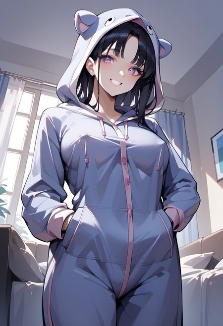 score_9, score_8_up, score_7_up, score_6_up, 1girl, source_anime, 
1girl, Hina,
haircut bangs, onesie pajamas, hooded onesie, hood up, smiling, nipple outline,
Indoors, living room,
Dutch angle,