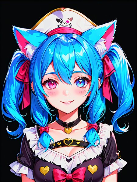 yamer_passione, heart, est quality, (girl), beautiful detailed eyes, looking at viewer, upper body, blue hair, shy, cat ears, very detailed, high resolution, sharp, sharp image, 64 bit game style, shirt, houshou marine, solo, heterochromia, pirate hat, twin tails, black background, seductive smile, <lora:Passione:1>