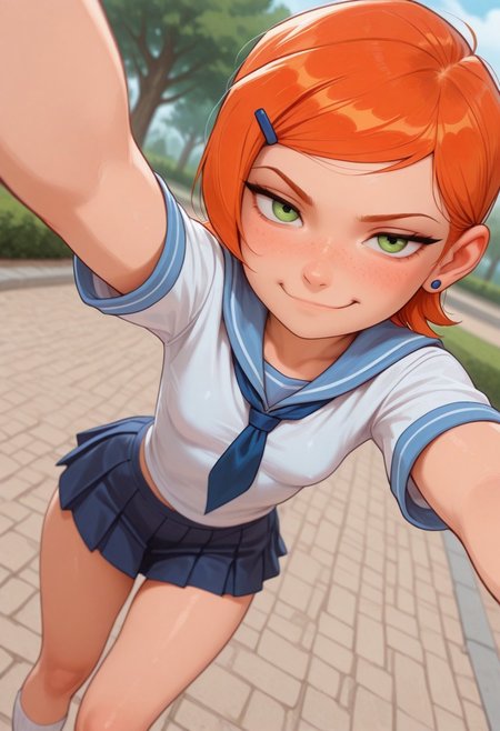 masterpiece, best quality, good quality, very aesthetic, absurdres, newest, 8K, depth of field, focused subject, mythp0rt,
stylized, wabi sabi, 
1girl, Gwendolyn_Tennyson, orange hair, short, hair, freckles, cute,
smug,
petite body, small waist, curvy, thighs, shapely legs,
small breasts,
school uniform,
dynamic angle, selfie,
park,