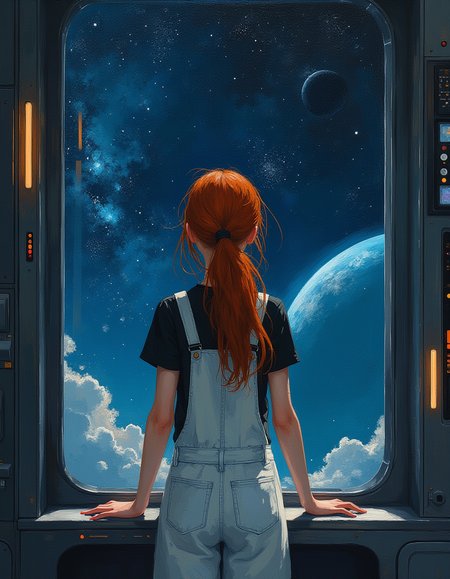 a masterwork oil painting of a cute red-haired girl wearing overalls stands by a large, futuristic window inside a sleek, high-tech spaceship. Her hair is neatly tied back in a ponytail, and she is wearing a casual but trendy pair of white denim overalls over a simple black t-shirt. The window stretches across the wall, offering a captivating view of outer space. A vast expanse of stars and distant planets can be seen, with a few nearby celestial bodies glowing softly.
The spaceship's interior is modern and minimalistic, featuring smooth metallic surfaces, subtle lighting, and advanced control panels with holographic displays. The girl stands with her hands gently resting on the window frame, gazing out in awe and wonder. Her expression is one of curiosity and excitement as she watches the stars twinkle and distant galaxies swirl in the cosmic sea. Reflections of the starlight create a soft glow around her, adding to the ethereal atmosphere. Focus on the girl, shadow and light, Masterpiece, intricate lines, intriguing atmosphere, sharp magnificent details, delicate features, elaborate details, (2\3 rule composition:0.5), ultra detailed, romantic, Rembrandt lighting, brush stroke, lovely, novuschroma, in the style of Rembrandt. vantablack <lora:style_of_Rembrandt_FLUX_135:.6> <lora:- Flux1 - vanta_black_V2.0:.3> <lora:neeeg_f1:-1> <lora:113_novuschromaFLX_1:.3> <lora:Midjourney_Whisper_Minimal:.4>