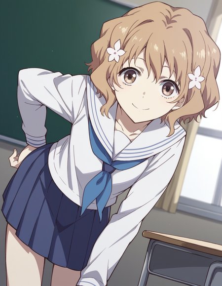 score_9, score_8_up, score_7_up, source_anime,
ohanamatsumae, <lora:ohana-matsumae-s1-ponyxl-lora-nochekaiser:1>,
ohana matsumae, short hair, brown hair, hair ornament, brown eyes, flower, hair flower,
skirt, school uniform, serafuku, blue skirt, pleated skirt, neckerchief, blue neckerchief, long sleeves,
indoors, classroom, bent over, smile,
looking at viewer, cowboy shot, solo, dutch angle,
