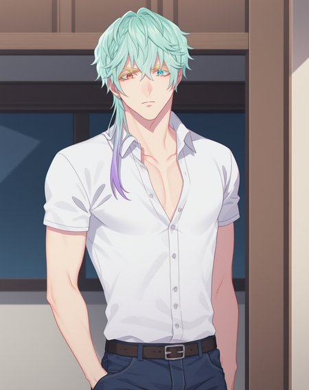 score_9, score_8_up, score_7_up, source_anime, anime screencap, depth of field, rating_safe, BREAK,
1boy, solo, yaoi, male focus,
looking at viewer, cowboy shot, facing viewer, standing, straight-on, arms at sides,
<lora:Peter_Flaige_Pony:1> peterflaige, aqua hair, heterochromia, long hair,
shirt, pants, 
indoors,