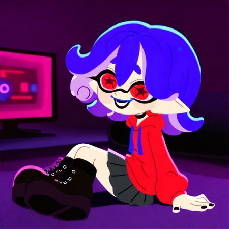 score_9, score_8_up, score_7_up,  2girls, sitting on a couch looking at the screen 
1girl (vampire,newest, absurdres, highres, colored skin, blue skin, red eyes, blue sclera, long hair, blue hair, messy hair, ringed eyes, red hoodie, black skirt, pleated skirt, miniskirt, combat boots, platform boots, knee boots, black thighhighs, black choker, blue drawstrings, black lips, hair over one eye, evil smile, gesugao, medium hair, hair over shoulder, bangs, black nails, black footwear, black laces) playing videogames with 1girl (inkling_girl, Star Iris,Red tentacle_hair), ((side view:1.3)), ((closeup:1.8), girls sitting next to each other playing video games together, focused face), super nintendo controller, inkling_girl is smiling, REDTVPE'S is angry, holding controller over head, cross-legged. gaming room, carpet, crt television, squinting, rowdy game night