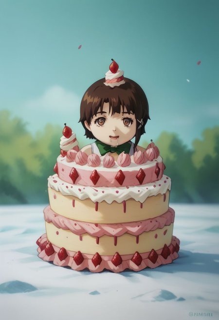 score_9, score_8_up, score_7_up, score_6, source_anime, lain, brown hair, ((light green camisole, green bowtie)), table, tartan tablecloth, ((chibi, gluttonizing, chubby, devouring cake, bulimic eating, overindulging, overeating, drooling)), (((big giant fat wedding-cake, giant huge cake, enormous layered cake, tall cake))), cute, clouds sky background, outdoors, airborne