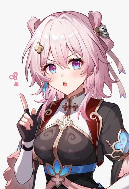 score_9,score_8_up,score_7_up,<lora:march_7th_(hunt))_pony-000020:1>,march_7th_(hunt)_(honkai:_star_rail), 1girl, solo, pink_hair, black_gloves, fingerless_gloves, blue_eyes, open_mouth, pink_eyes, official_alternate_costume, upper_body, looking_at_viewer, hair_between_eyes, medium_hair, medium_breasts, hair_ornament, blush, simple_background, hand_up, black_dress, grey_background, index_finger_raised, chinese_clothes, v-shaped_eyebrows